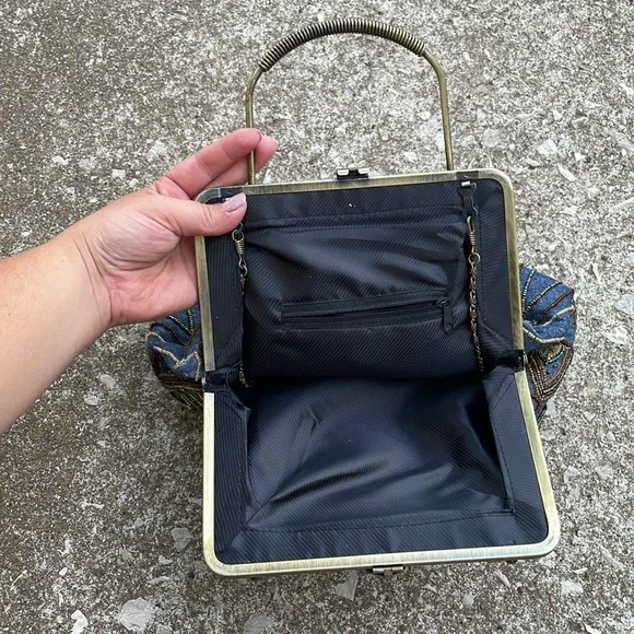 Western Turquoise Beaded Denim Victorian Style Chain Strap Handbag - Picture 7 of 8